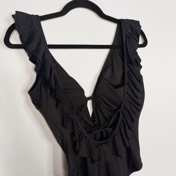 Michael Kors Womens 10 Black Ruffle Deep V Neck One Piece Swim Suit Tie Back - Picture 6 of 10